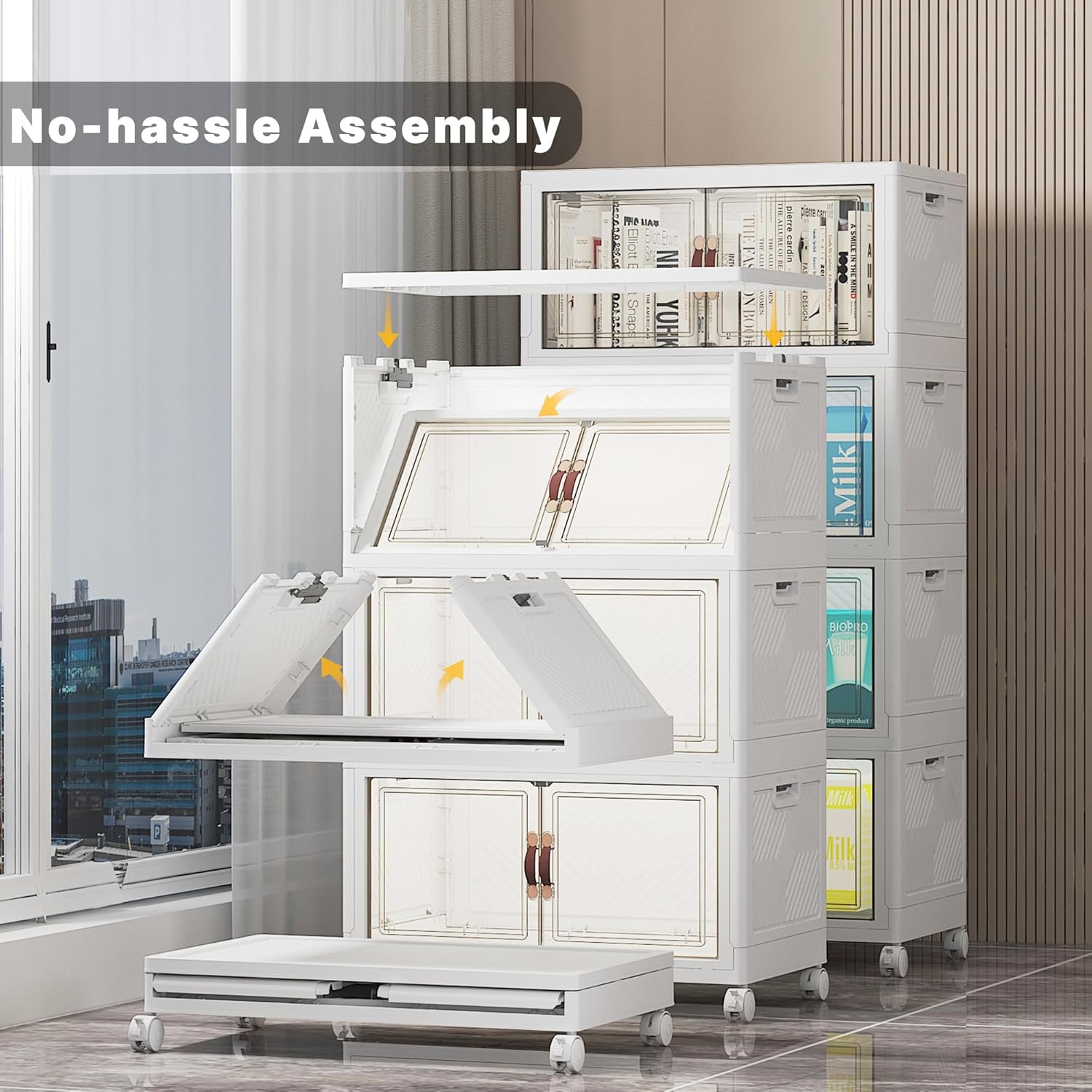 Extra Large Stackable Storage Bins with Lids & Wheels & Door, 416QT-52QT/13GAL*8Pack Foldable Collapsible Closet Organizers, Plastic containers drawers for bedroom Dorm