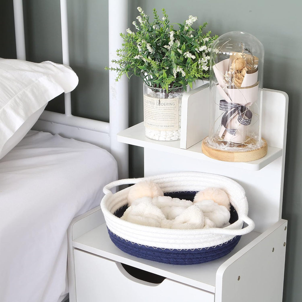 Sea Team 2-Pack Cotton Rope Baskets, 10 x 3 Inches Small Woven Storage Basket, Fabric Tray, Bowl, Round Open Dish for Fruits, Jewelry, Keys, Sewing Kits (Dark Blue & White)