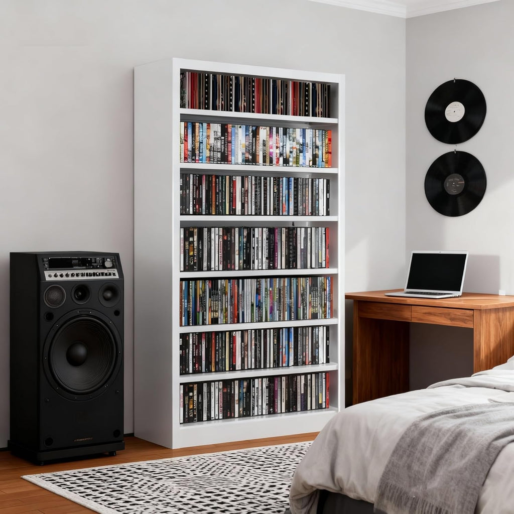 7 Tier DVD Storage Cabinets, Metal CD Storage Rack with Adjustable Shelves, Comic Book Storage Shelf, DVD Case Media Cabinet for Living Room, Media Room, & Home Theater (White)