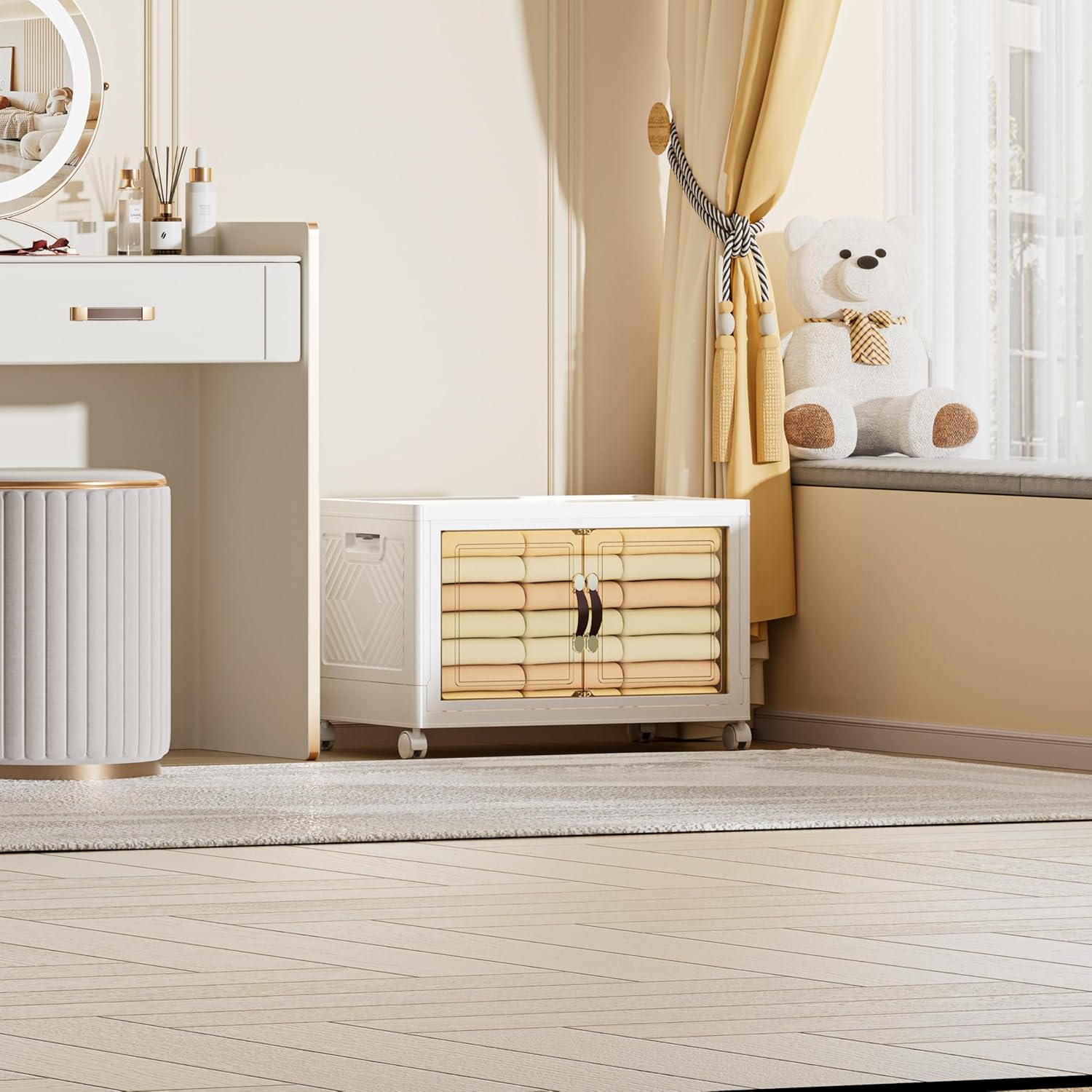 68 QT / 17 Gal Extra Wide Foldable Plastic Cabinet with Double Magnetic Doors & Leather Handles - Stackable, 4 Locking Wheels, Space Saving Storage for Small Spaces