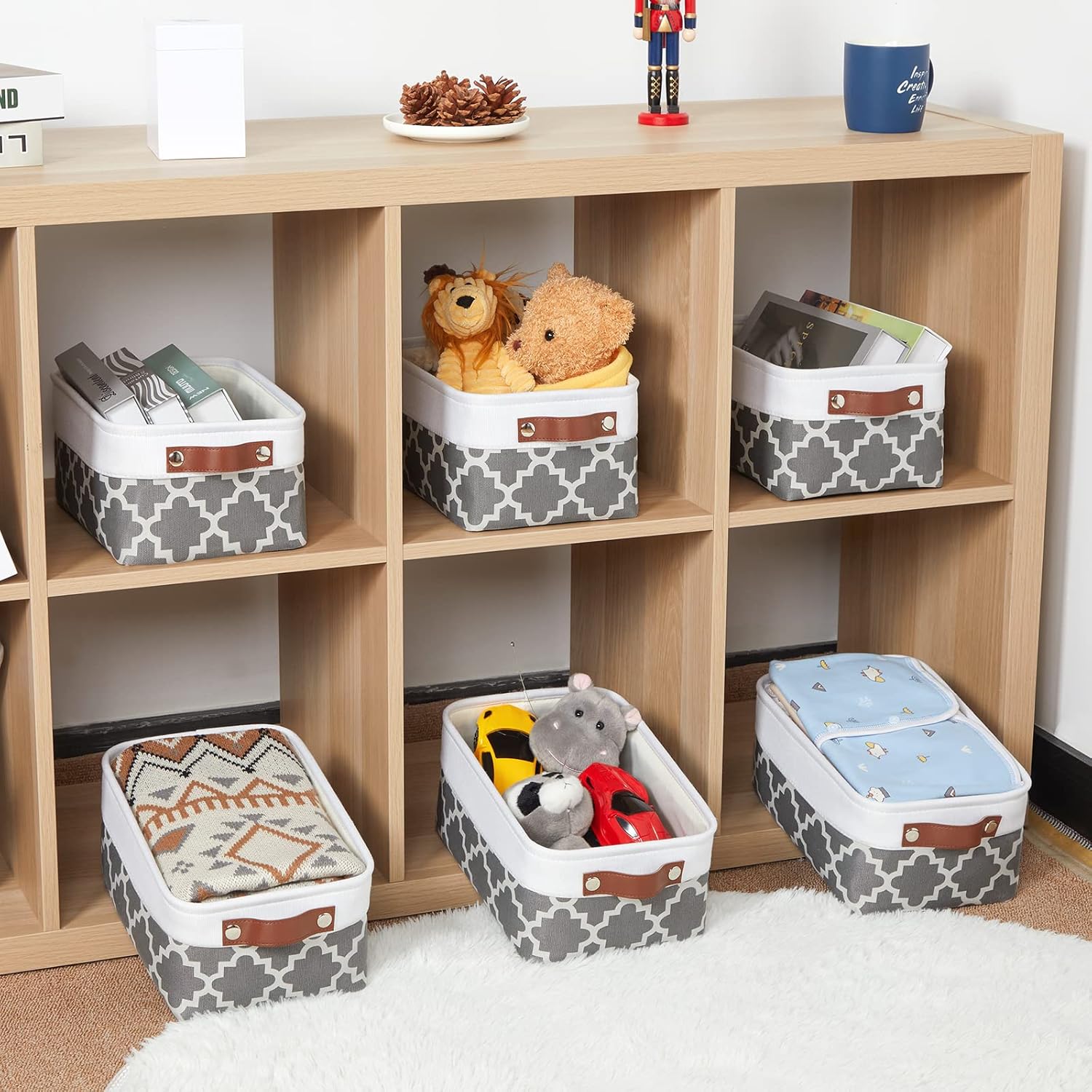 HNZIGE Small Baskets Fabric Storage Baskets(6 Pack) Storage Bins with Leather Handles Empty Gift Basket Decorative Storage Baskets for Shelves, Baby Clothes Toys(Pattern&White,11.8" x 7.8" x 5.1")
