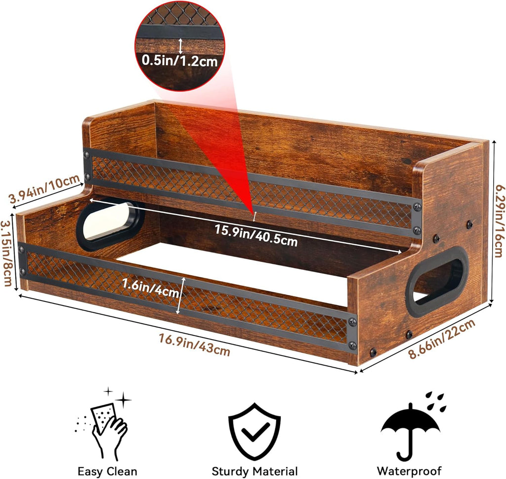 Liquor Bottle Display Shelf, Coffee Syrup Rack Organizer, 2 Step Countertop Liquor Wine Rack, 10 Bottles Coffee Station Organizer with Fences & Handles, Home Retro Bar Shelf Stand for Liquor Whiskey