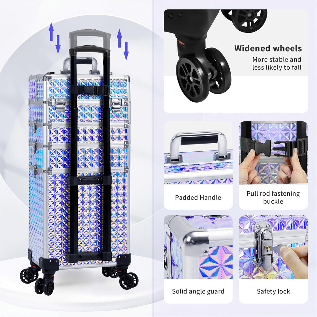 AROUS 5 in 1 Rolling Makeup Train Case Cosmetology Case on Wheels Large Cosmetic Organizer Travel Cart for Hairstylist Artist Nail Beauty Salon Barber,Silver