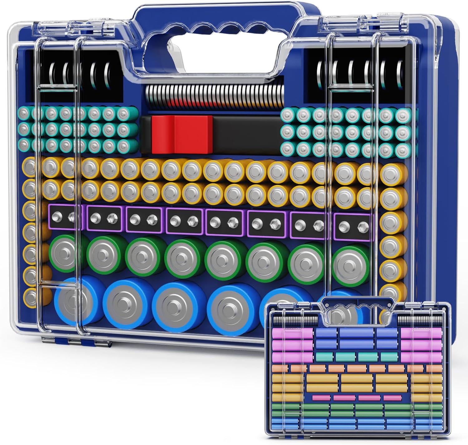 Battery Organizer Storage Holder Box Case with Tester, Ultra-Large 262+ Batteries Container with Double-Sided, Holds AA AAA 4A 23A C D Cell 9V 3V Lithium 4LR44 CR3 CR123A 18650 (Blue)