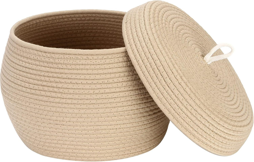 Sea Team Round Cotton Rope Storage Basket with Lid, Decorative Woven Storage Bin, Pot, Caddy, Organizer, Container for Snacks, Towels, Plants, 13 x 9 Inches (Large Size, Khaki)