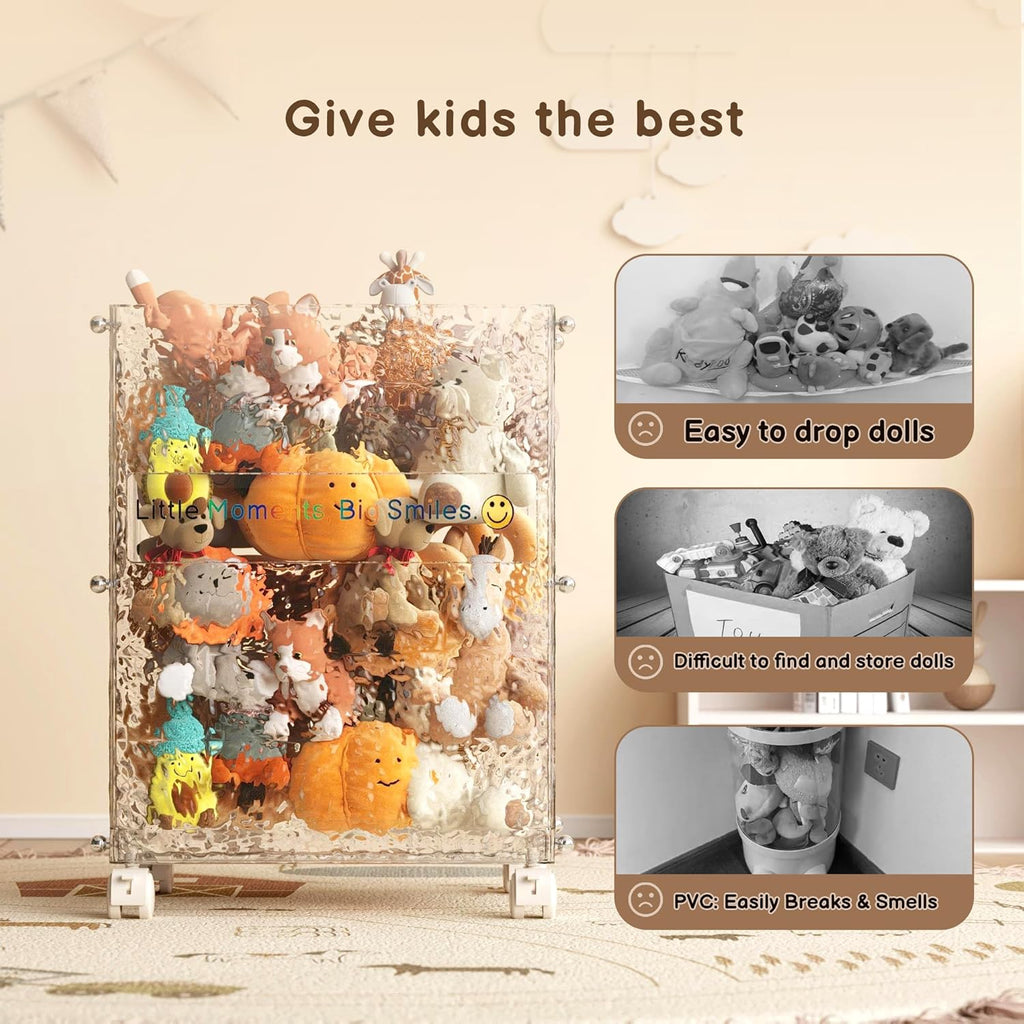 Stuffed Animal Storage with Wheels, Rolling Toy Storage Bin, Slim Tall Kid-Safe, Impact-Resistant Organizer for Playroom/Nursery/Bedroom, 360° Wheels, Fits Yoga Mats & Sports Gear (Glacier)