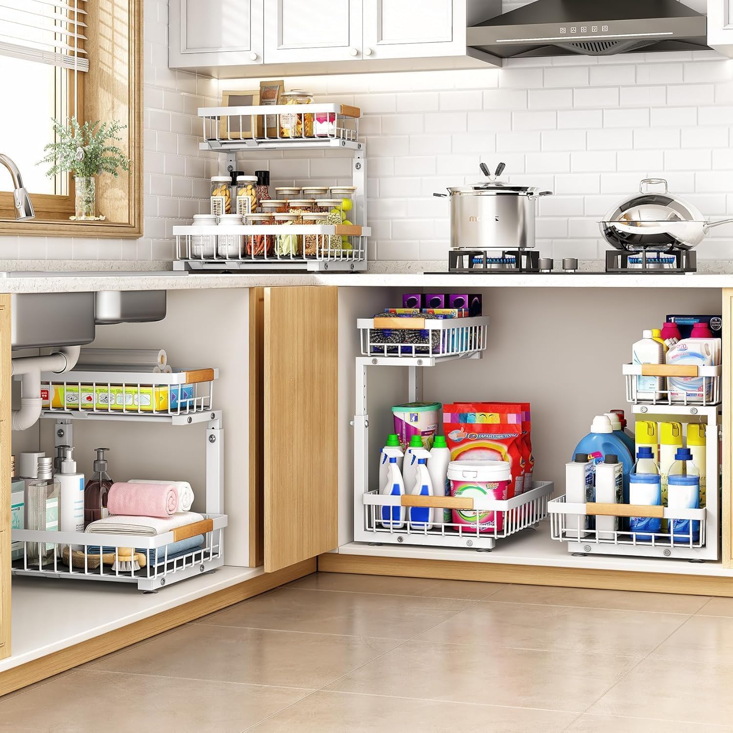 (Small Version)1 Pack Under Sink Organizer,Adjustable Height,2 Tier Pull Out Under Cabinet Organizer,Slide Out Thickened Metal Under Sink Storage for Kitchen Bathroom Laundry Cabinet Pantry,White