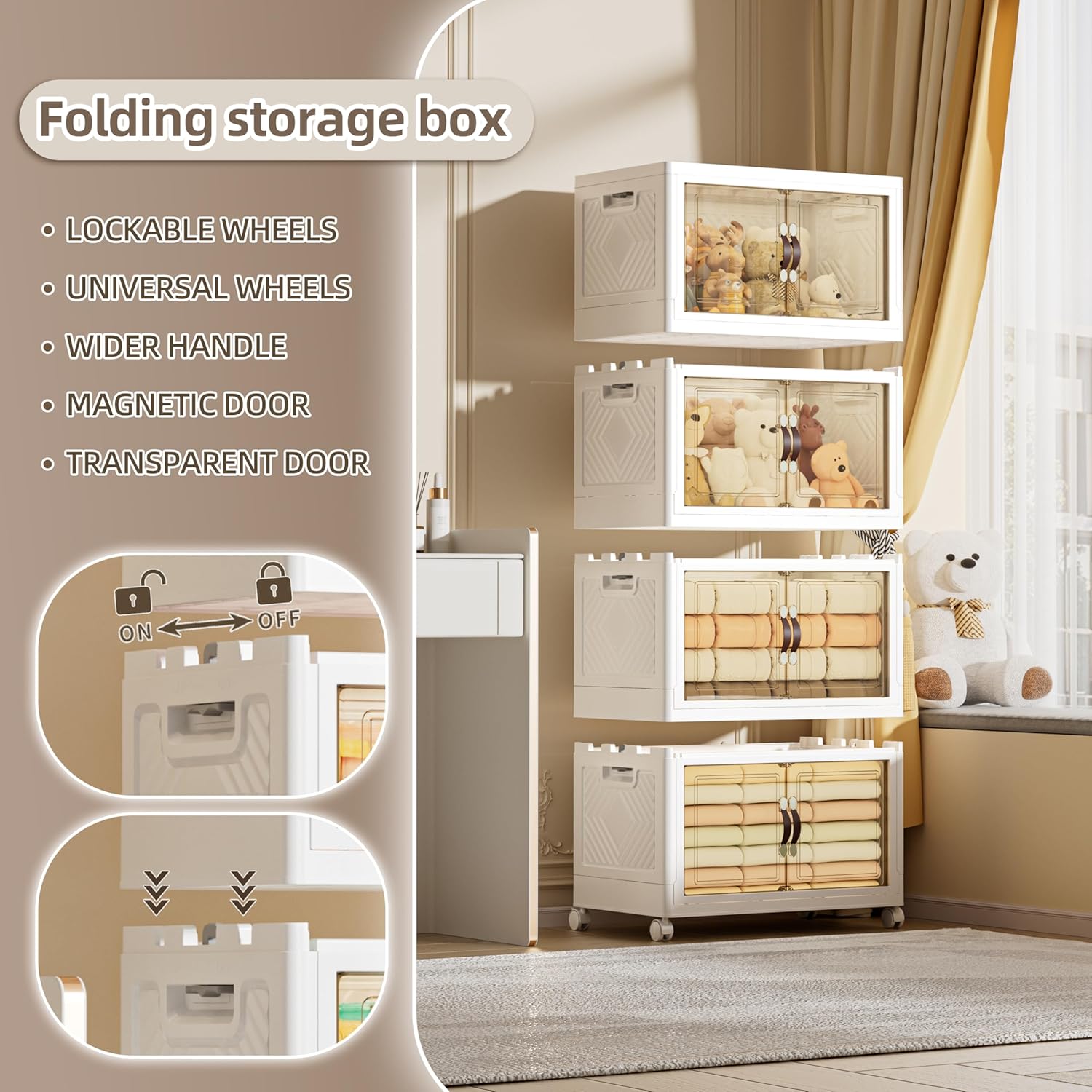 268 QT / 67 Gal Extra Wide Foldable Plastic Cabinet with Double Magnetic Doors & Leather Handles - Stackable, 4 Locking Wheels, Space Saving Storage for Small Spaces