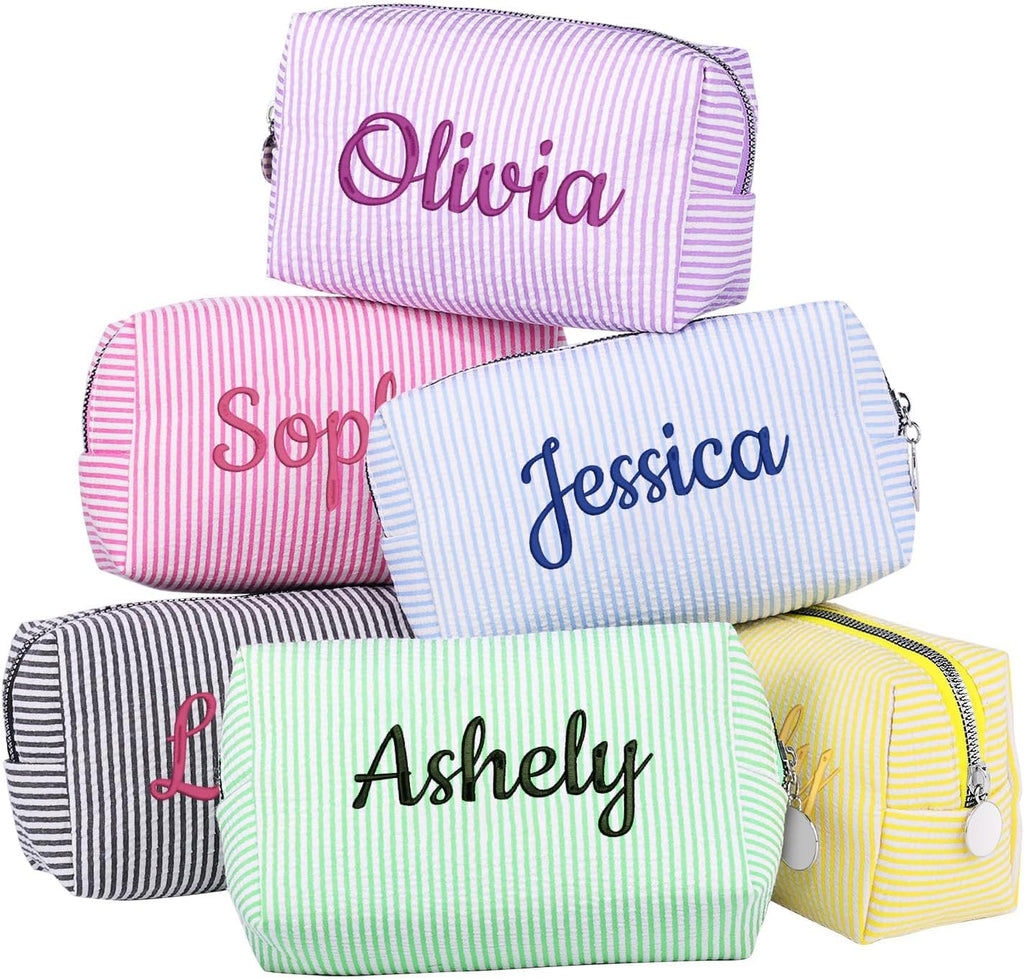Personalized Seersucker Makeup Bag with Embroidered Name&Birth Flower,Custom Small Travel Cosmetic Bag Toiletry Bag Wedding Gifts for Bridesmaid Bride (Makeup Bag with Name)