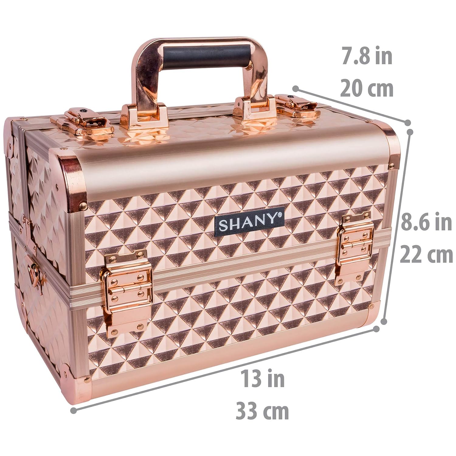 SHANY Premier Fantasy Professional Makeup Train Case Cosmetic Box Portable Makeup Case Organizer Jewelry storage with Locks, 3 Trays,Makeup Brush Holder and Cosmetics Mirror - Rose Gold