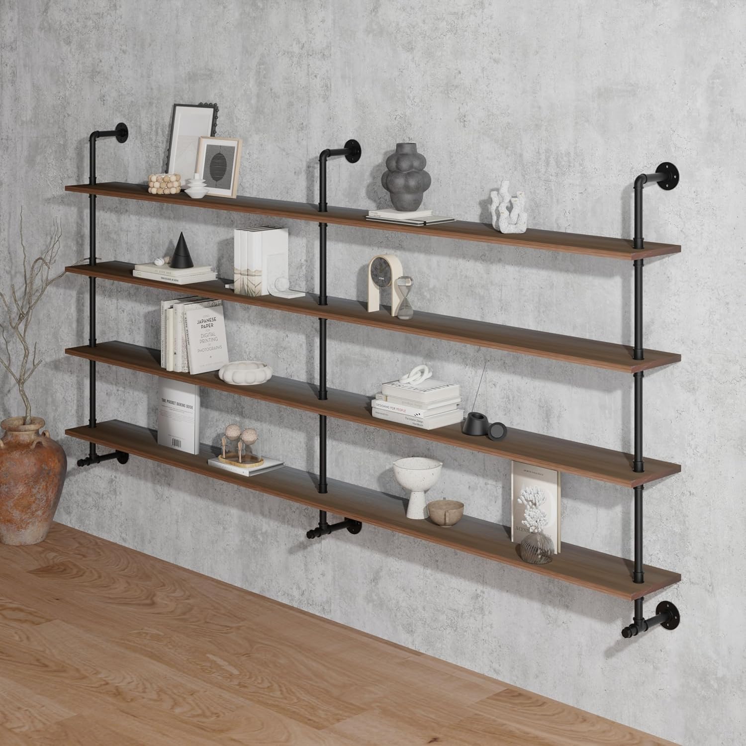 Industrial Pipe Wall Shelves Pipe Shelving with Real Wood Plank ,60 Inches Floating Shelves for Wall Farmhouse Pipe Book Shelves Dark Brown 4 Tier for Kitchen,Living Room Decor and Bar Shelving