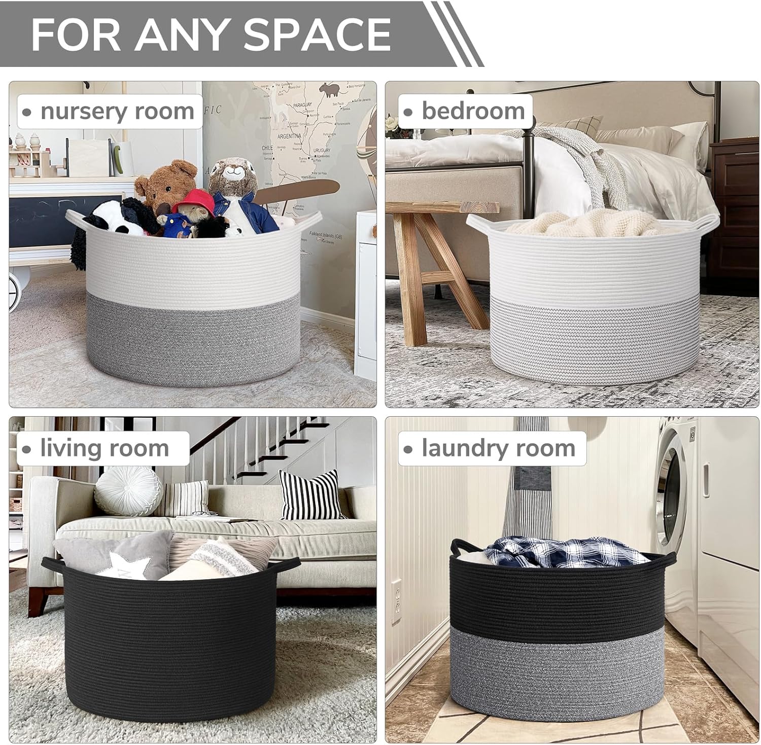 INDRESSME 115L Extra Large Cotton Rope Blanket Basket, Woven Basket for Toy Storage Organizer & Laundry Toy Box for Living Room Area & Nursery Room, Black & Grey