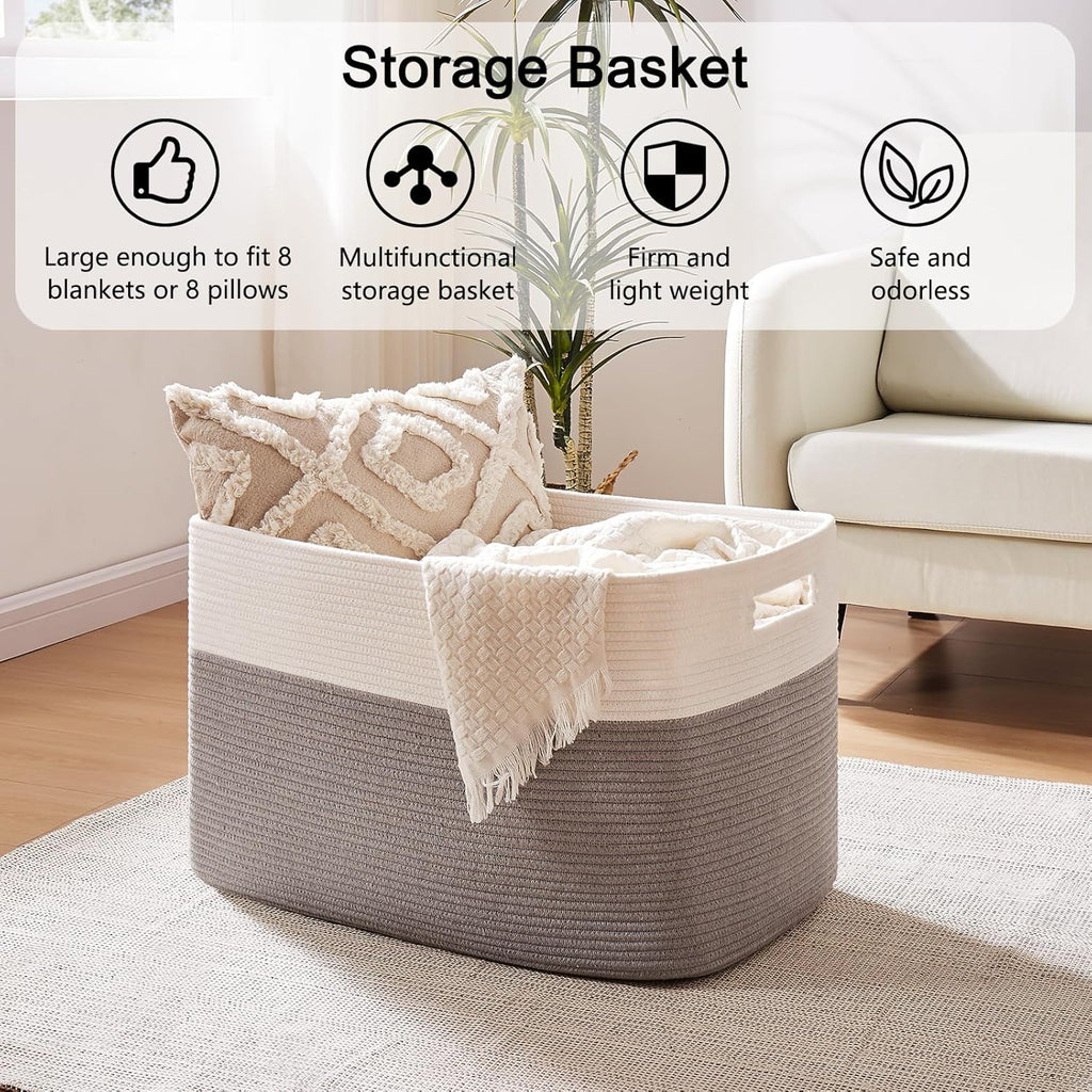 OIAHOMY 108L Extra Large Blanket Basket, 25”x16”x16” Laundry Basket, Blanket Storage for Living Room, Dog Toy Storage with Handle - Grey & White