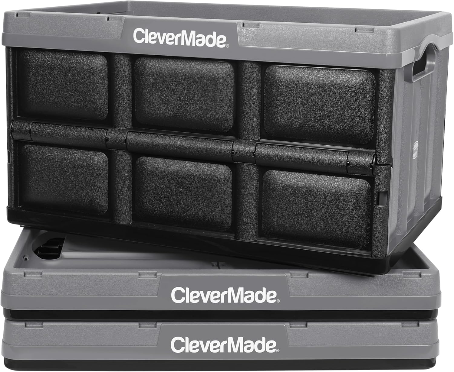 CleverMade Collapsible Storage Bins - Stone 3 Pack 46L - Stackable Containers Heavy Duty Capacity Folding Crates - Space-Saving for Home