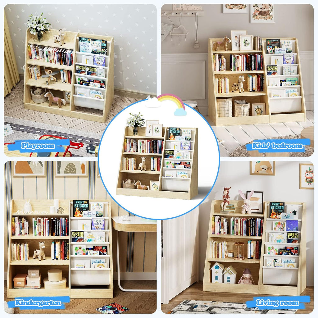 4 Tier Kids Wooden Bookshelf,Five Layer Sling Children Bookcase,Baby Storage Book Rack,Book and Toy Organizer Cabinet Chest,Book Display Shelf,Playroom Nursery Classroom Library