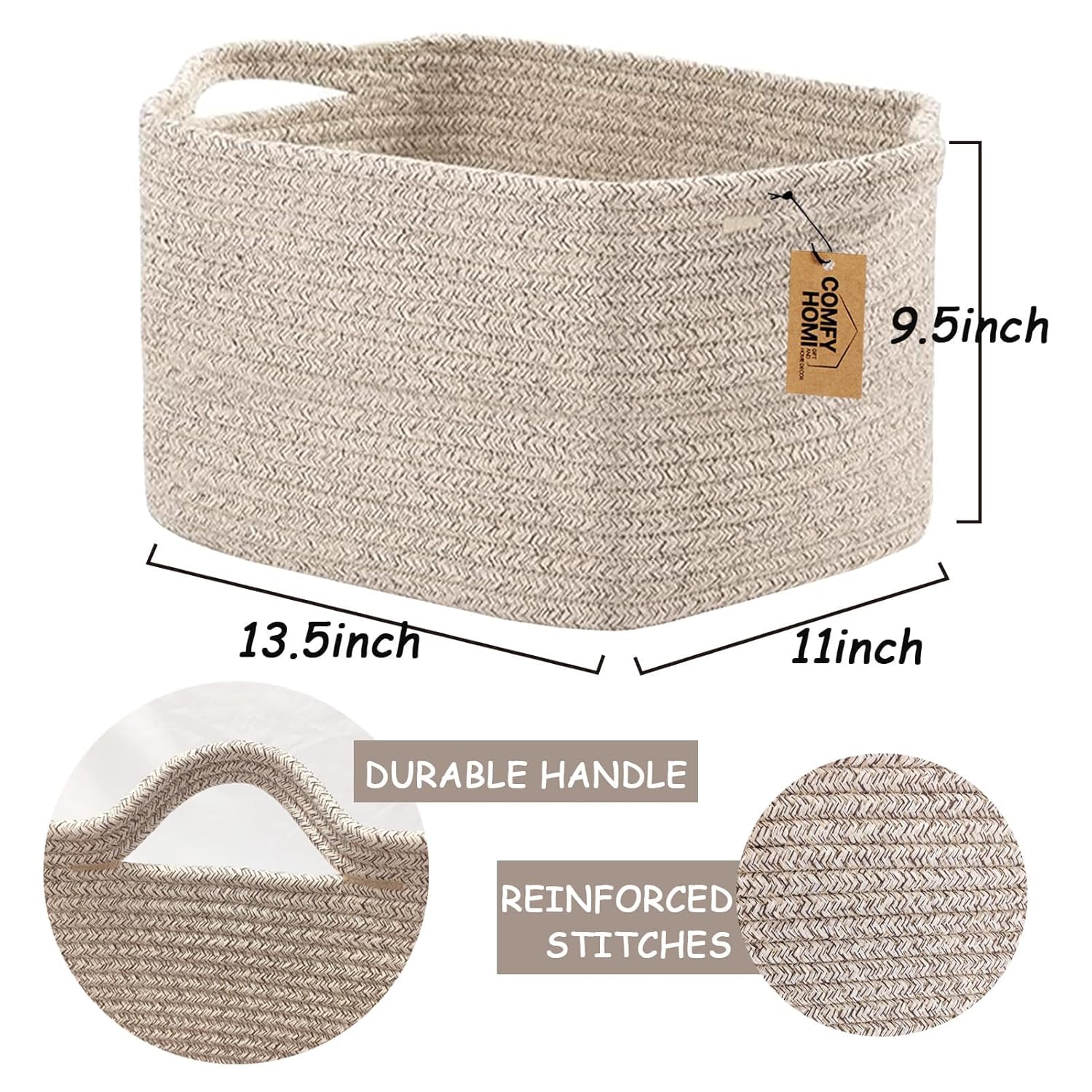 COMFY-HOMI 3PACK Cotton Rope Woven Basket With Handles for Shelves, Toy, Book, Cloth Storage Basket for Organizing|13.5" x 11" x 9.5" Decorative Nursery Cube Bin for Living Room（all brown）
