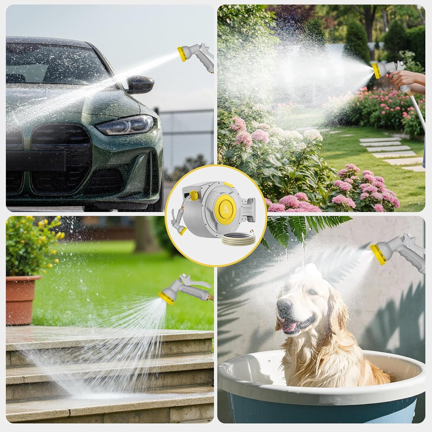 100 ft x 5/8" Retractable Garden Hose Reel, Heavy Duty Water Hose Reel Wall Mounted, Any Length Lock, 180°Swivel, Water Hose with 8-Function Nozzle for Cleaning, Watering(Yellow)