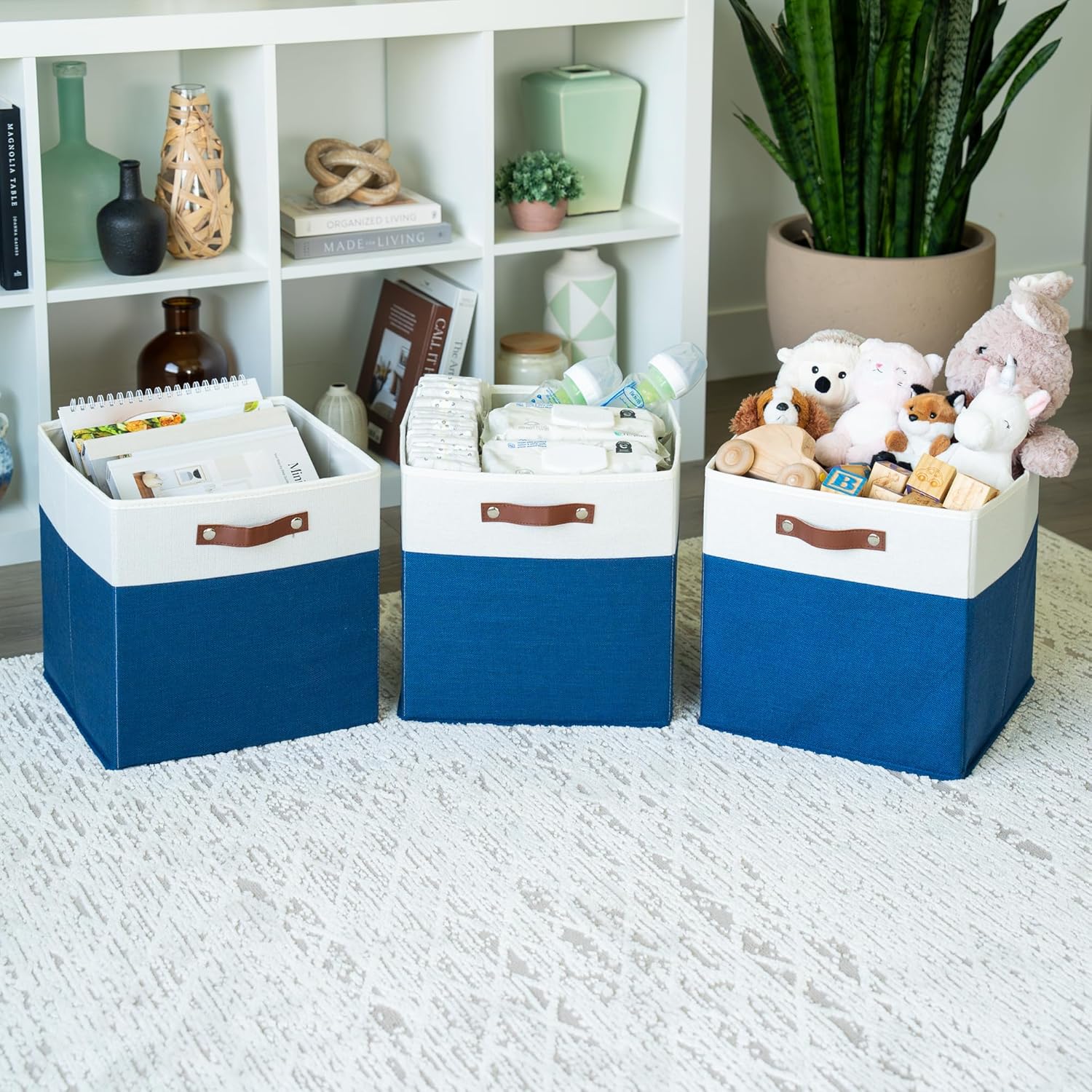 OrganiHaus 13" x 13" x 13" Cube Fabric Storage Bins Set of 4, Fabric Storage Cubes w/ Vegan Handles, 13 inch Collapsible Bins for Clothes & Toy Organizer, 13x13 Basket for Decor - Navy Blue