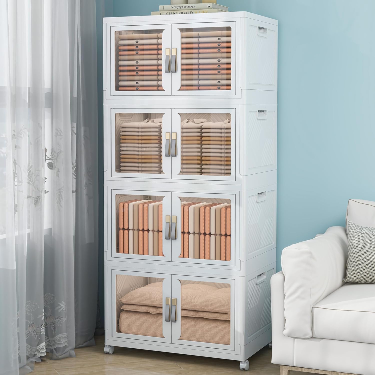 Large Clear Stackable Storage Bins with Lids, Foldable Storage Cabinet for Closet Organizers and Storage, Plastic Storage Box with Wheels 628 QT