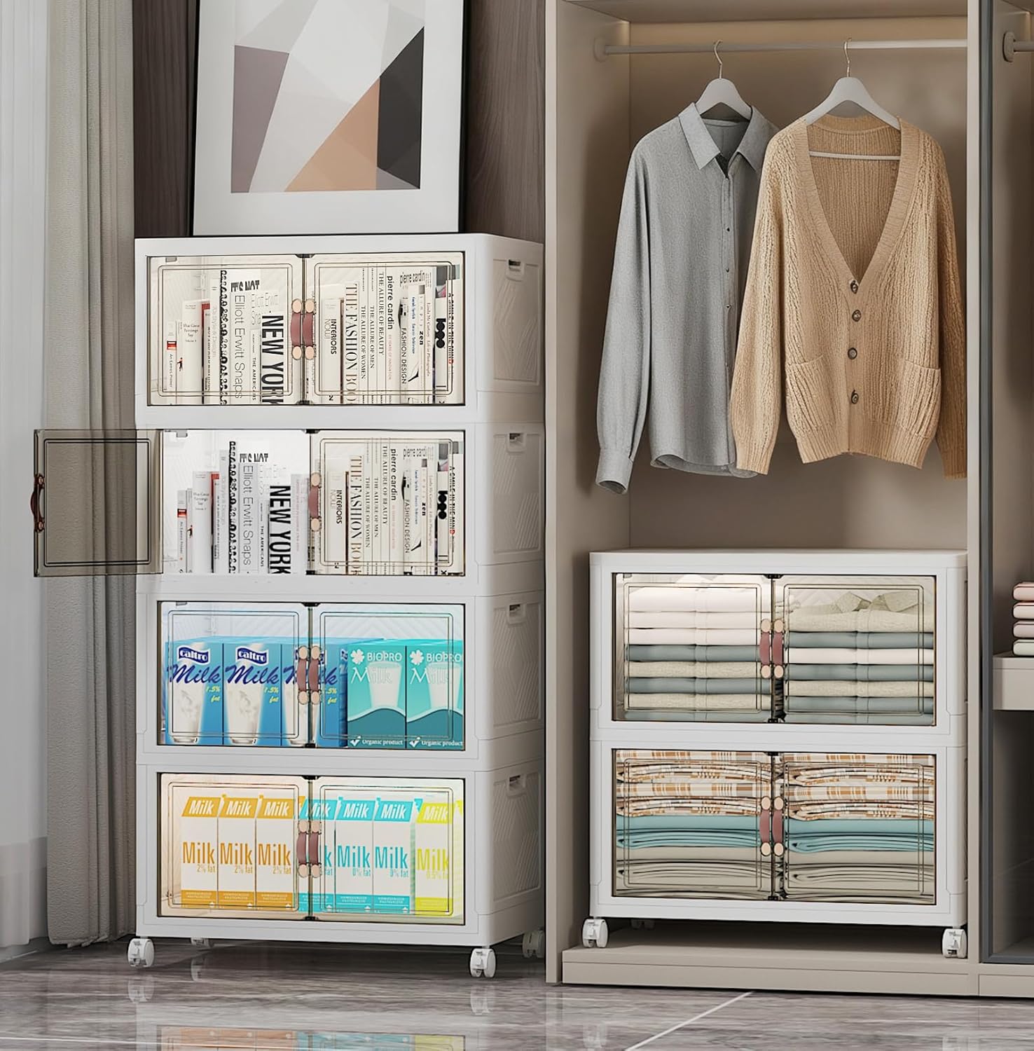 Extra Large Stackable Storage Bins with Lids & Wheels & Door, 312QT-52QT/13GAL*6Pack Foldable Collapsible Closet Organizers, Plastic containers Drawers for Bedroom Dorm