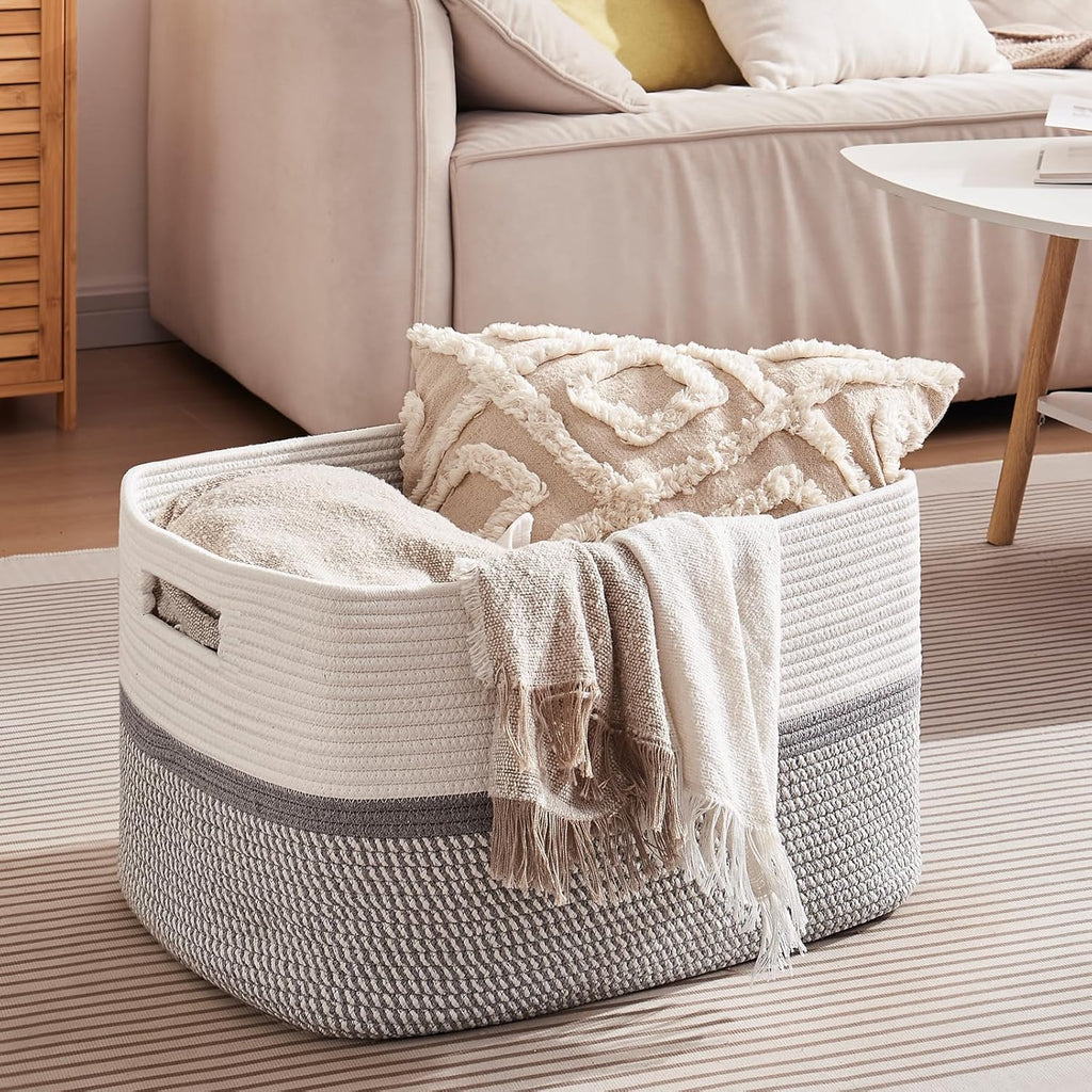 OIAHOMY Large Blanket Basket, 22”x17”x12” Rectangle Woven Baskets, Nursery Blanket Storage Living Room, Toy Storage With Handle, Large Baskets for Organizing-Grey/White