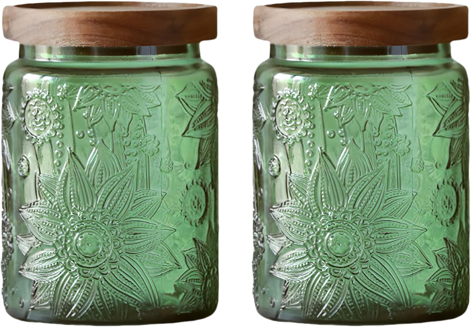 Set of 2 Vintage Glass Jars, Green Glass Storage Jars with Solid Wood Lids (23.7 oz) for Kitchen, Pantry, Candy, Flour, Oatmeal, Coffee Beans, Pet Food, Laundry Detergent, Cute Jar (Green, 2 Pack)