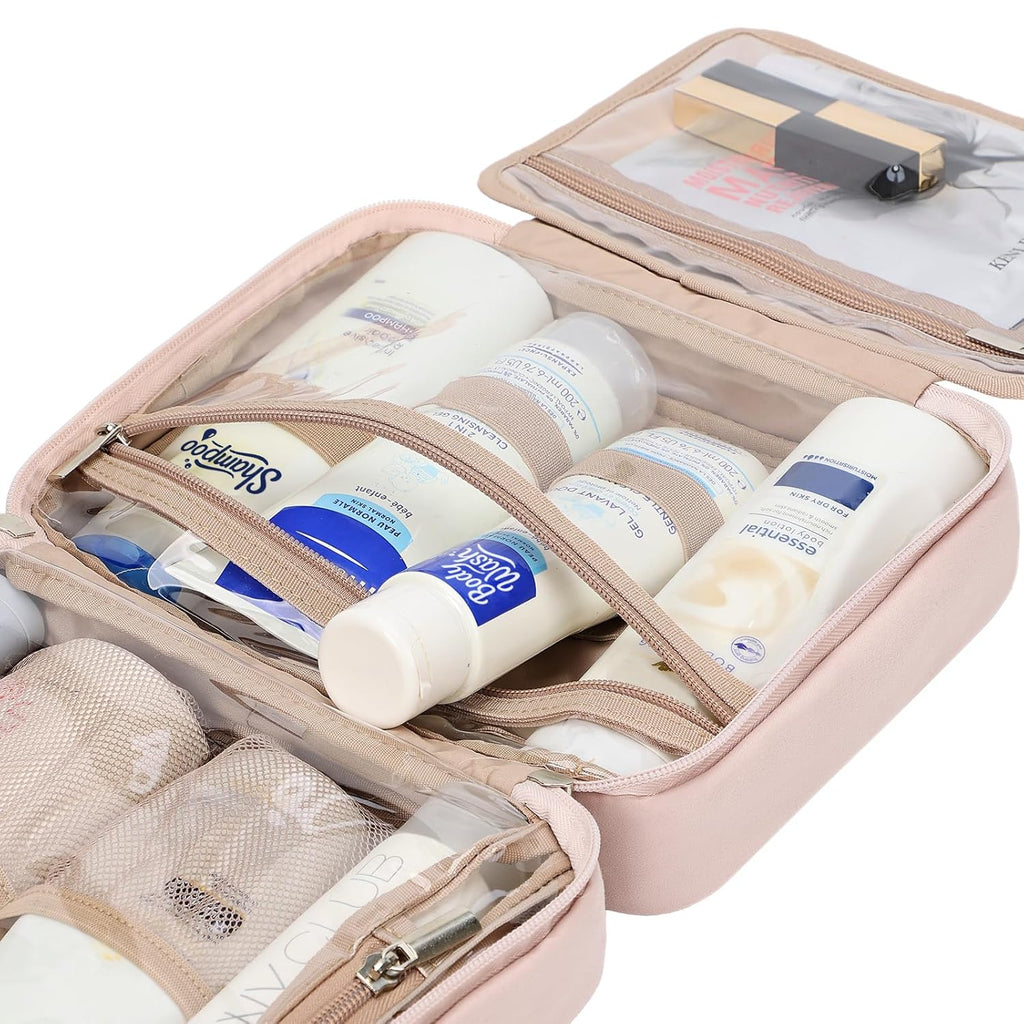 NISHEL Travel Toiletry Bag for Women, Makeup Essentials Organizer, Hanging Case for Accessories, Cosmetics, Medium Size, Pink