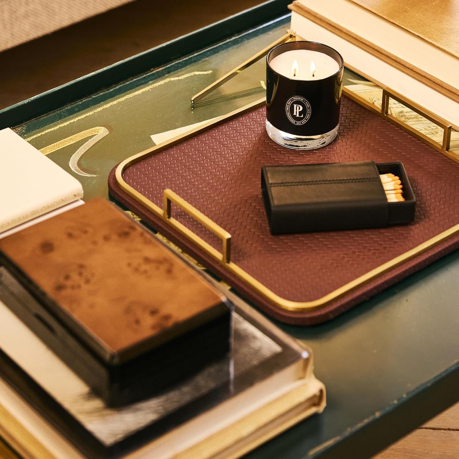 Preston Lane Mayfair Decorative Tray – Vegan Leather with Woven Texture, Brushed Brass Handles – Serving, Dresser & Coffee Table Tray, Espresso