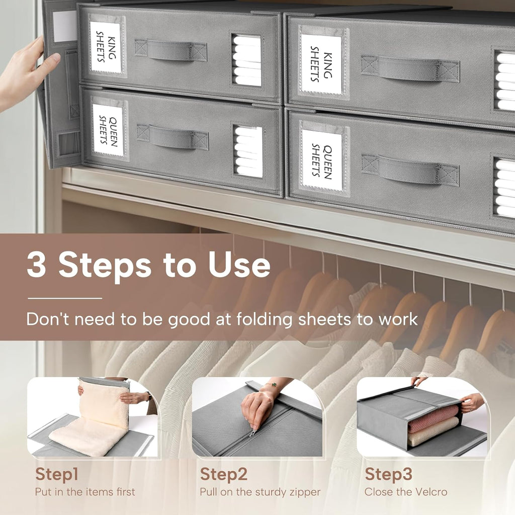 Criusia Bed Sheet Organizers and Storage, 4 Pack Foldable Linen Closet Organizers – Bedding Holder for Sheet Set (King/Queen Sizes), Duvet Covers, Blankets (Grey)