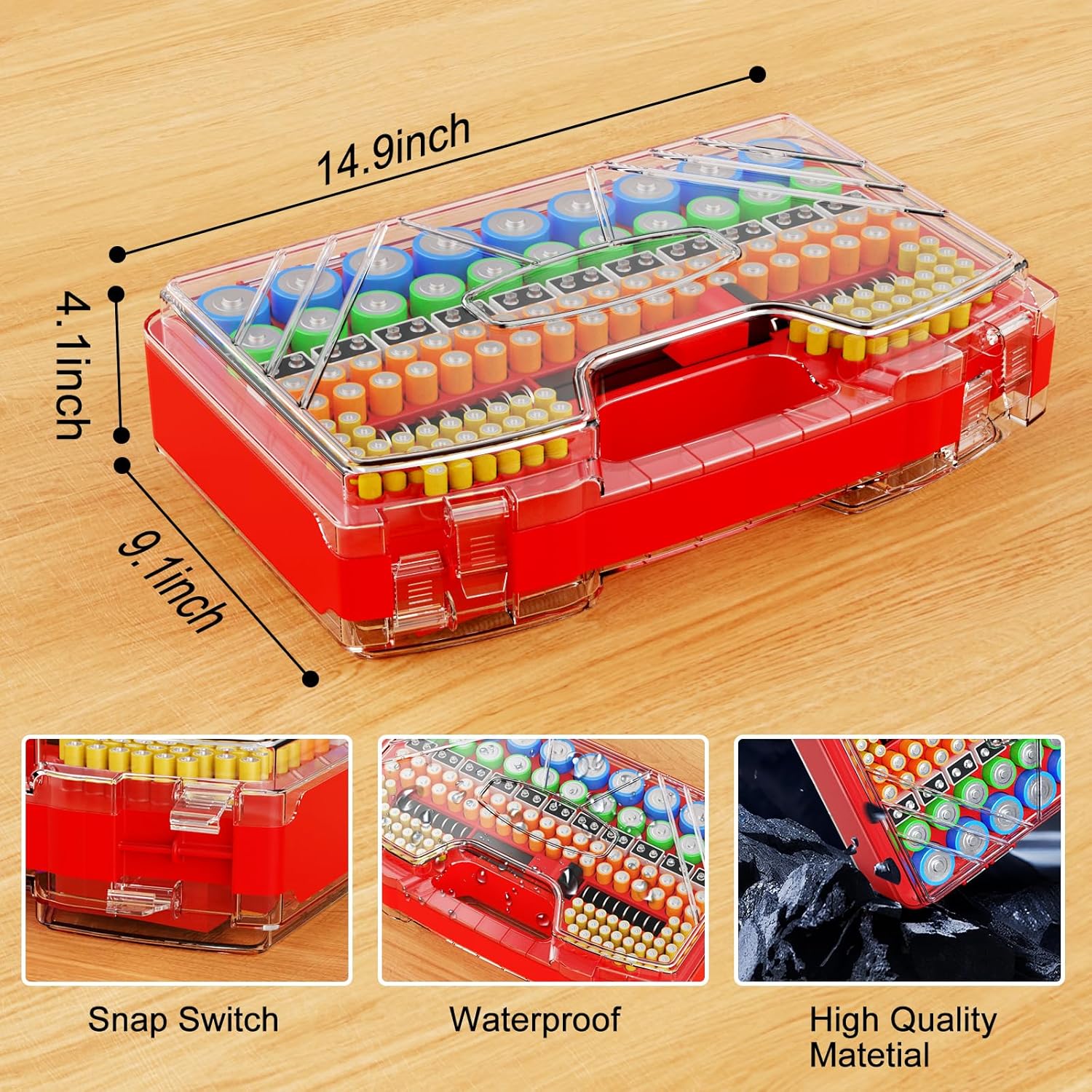 Battery Organizer Storage Holder Box Case with Tester, Stores & Protects Up to 285+ Batteries, Double-Sided and Durable Design,Holds AA AAA 4A C D Cell 9V 3V Lithium LR44 CR2 CR123 (Red)