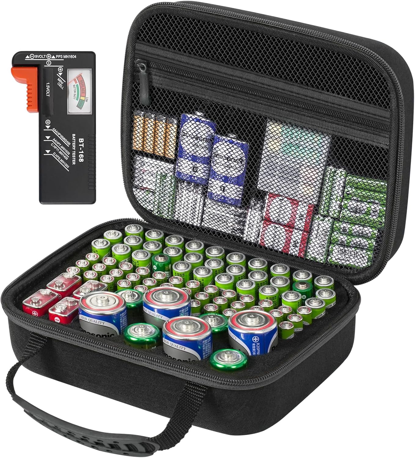Battery Organizer Storage Case, Large Waterproof Carrying Bag Containers Box Holder Holds 83+ Batteries AA AAA C D 9V 3V - with Battery Tester BT-168, Black (Case Only)