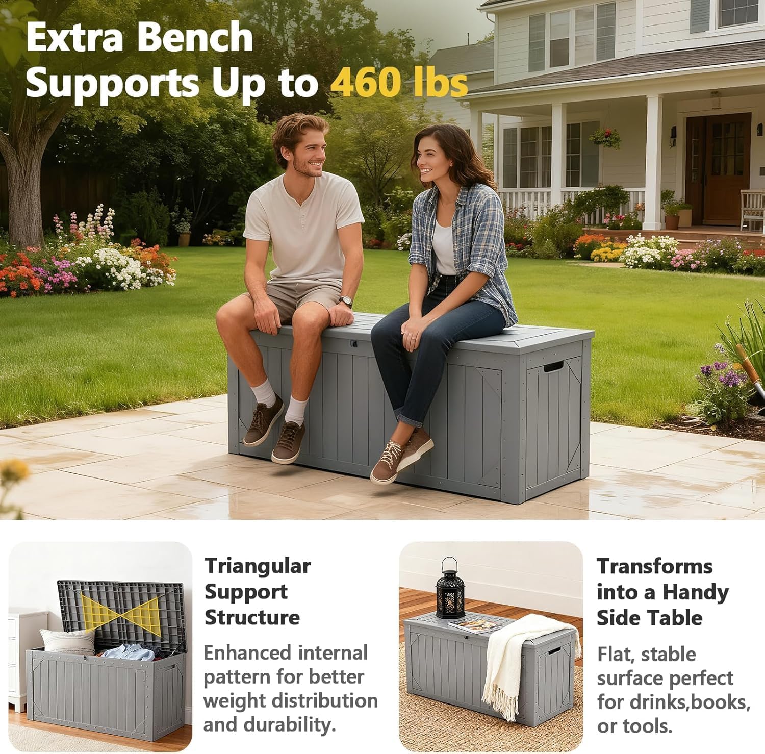100 Gallon Outdoor Storage Box, Weatherproof Deck Box for Patio Cushions, Throw Pillows, Garden Tools, Lockable Resin Large Outdoor Storage Bench for Yard, Porch, or Balcony