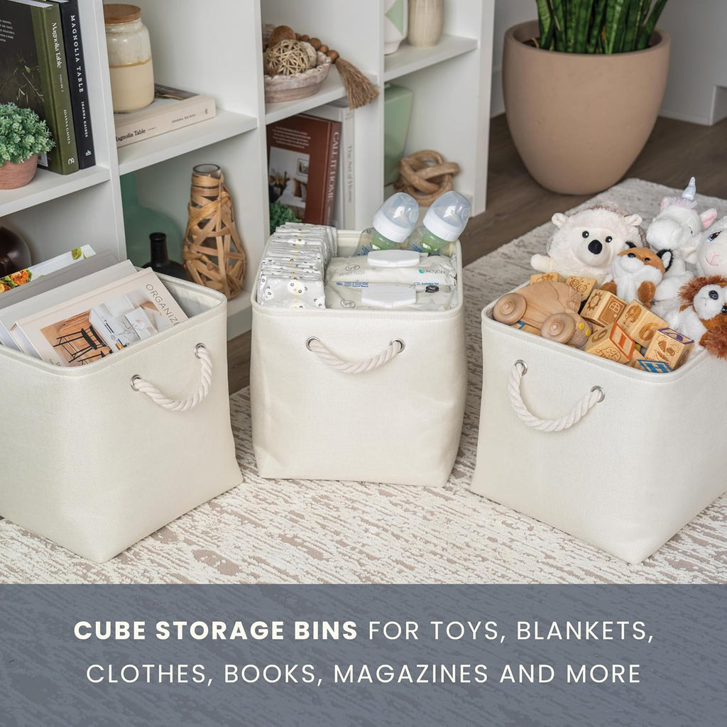 OrganiHaus 11x11 Cube Storage Bins 4 Pack, Foldable Cube Storage Organizer w/ Rope Handles, Collapsible Fabric Bins for Toys, Clothes & Closet Organization, Fabric Square Baskets - Off-White
