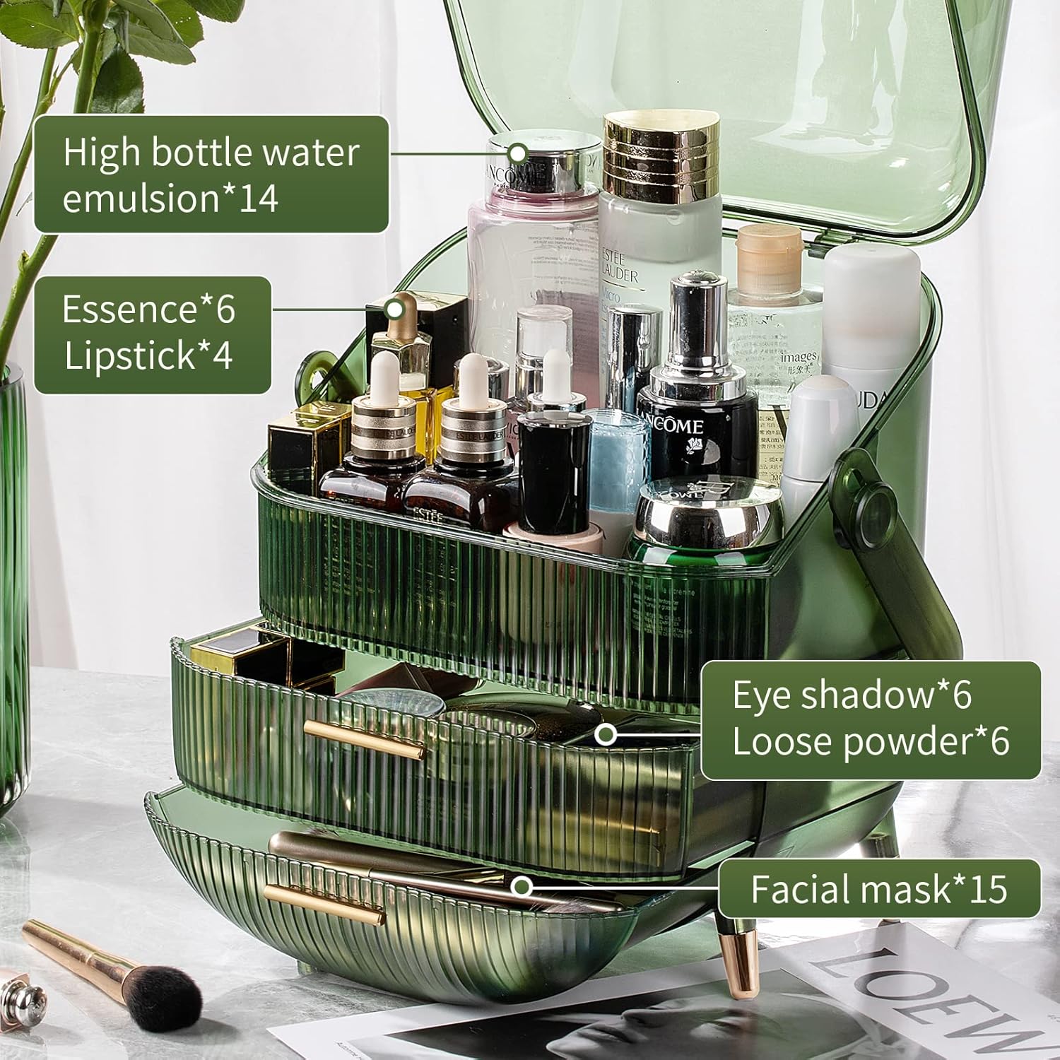 CANITORON Makeup Organizer,Large Capacity Skincare Organizer for Vanity,Cosmetic Organizer with 2 Drawers and Transparent Cover for Bedroom Countertop and Bathroom Countertop Storage.(LGreen)