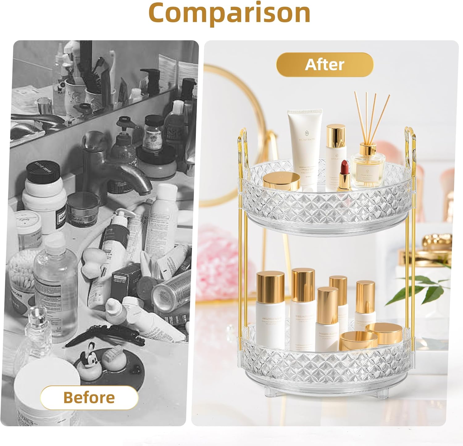 360 Rotating Makeup Organizer for Vanity, Adjustable Perfume Organizer for Dresser, Multi-Function Spinning Cosmetics Skincare Storage for Bedroom, Dresser, Countertop, Clear