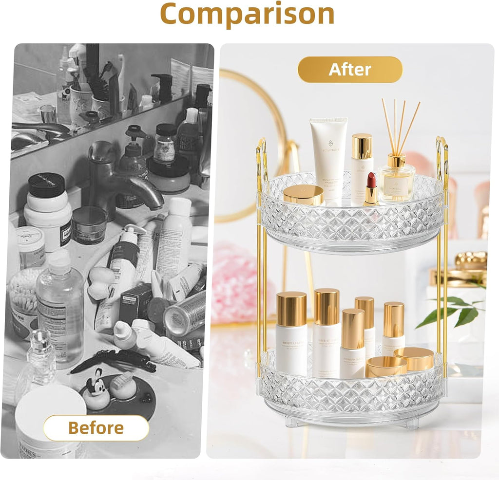 360 Rotating Makeup Organizer for Vanity, 2Tier Adjustable Perfume Organizer for Dresser, Multi-Function Spinning Cosmetics Skincare Storage for Bedroom, Dresser, Countertop, Clear