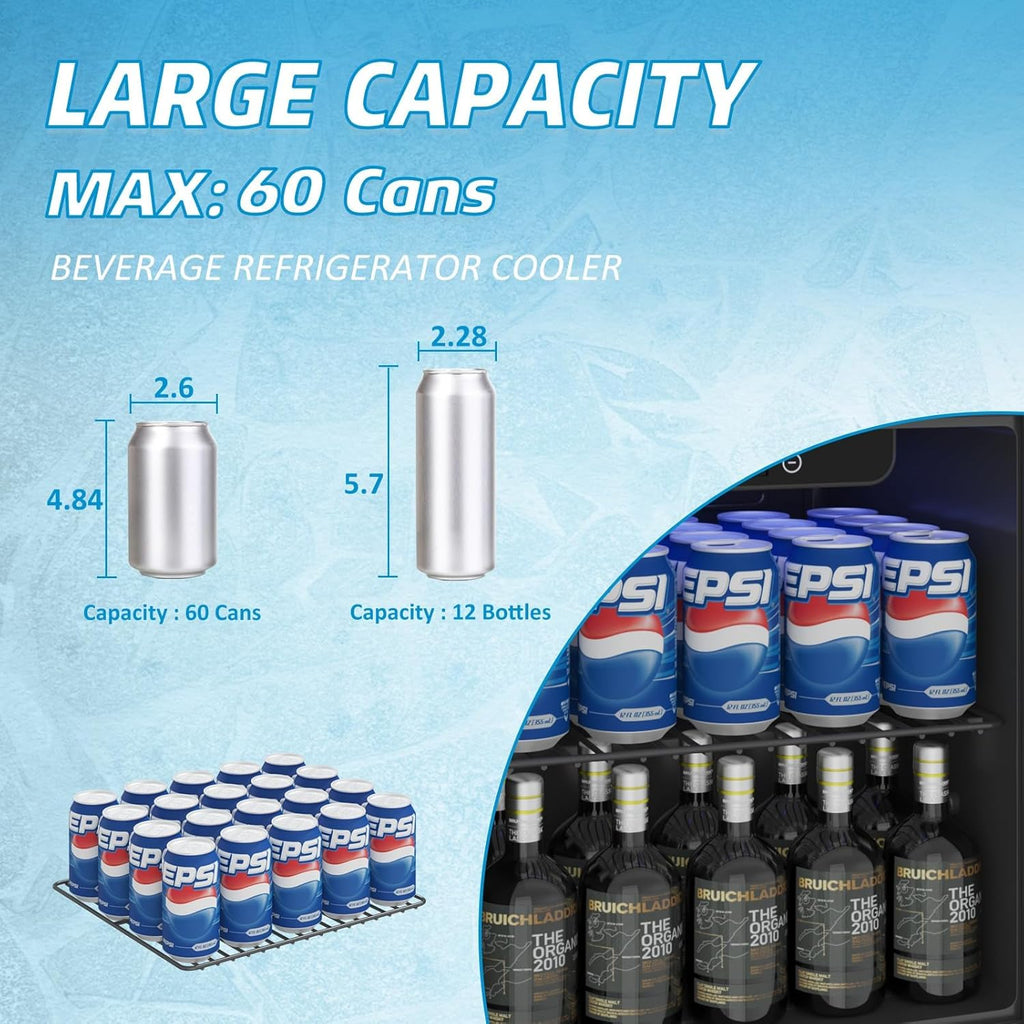 1.3 Cubic Feet Mini Fridge, 60 Can Freestanding Beverage Refrigerator with Glass Front Door for Soda, Beer Under Counter Small Refrigerator with Adjustable Shelves and Digital Display(Black)