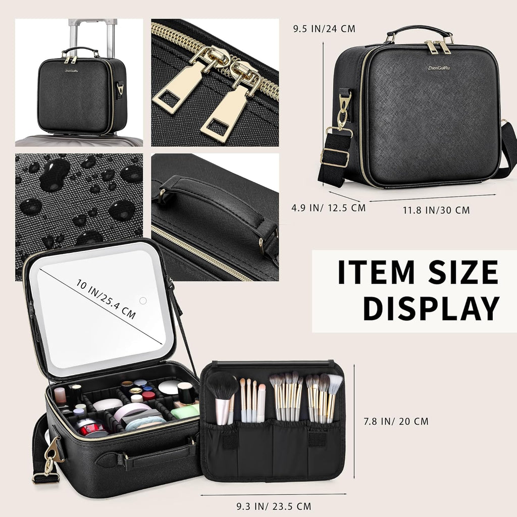 Travel Makeup Bag with LED Mirror, Portable Cosmetic Case Organizer with Lighted Mirror, Waterproof Makeup Case for Cosmetic Brush Holder Storage, Black Toiletry Bag for Women Gift