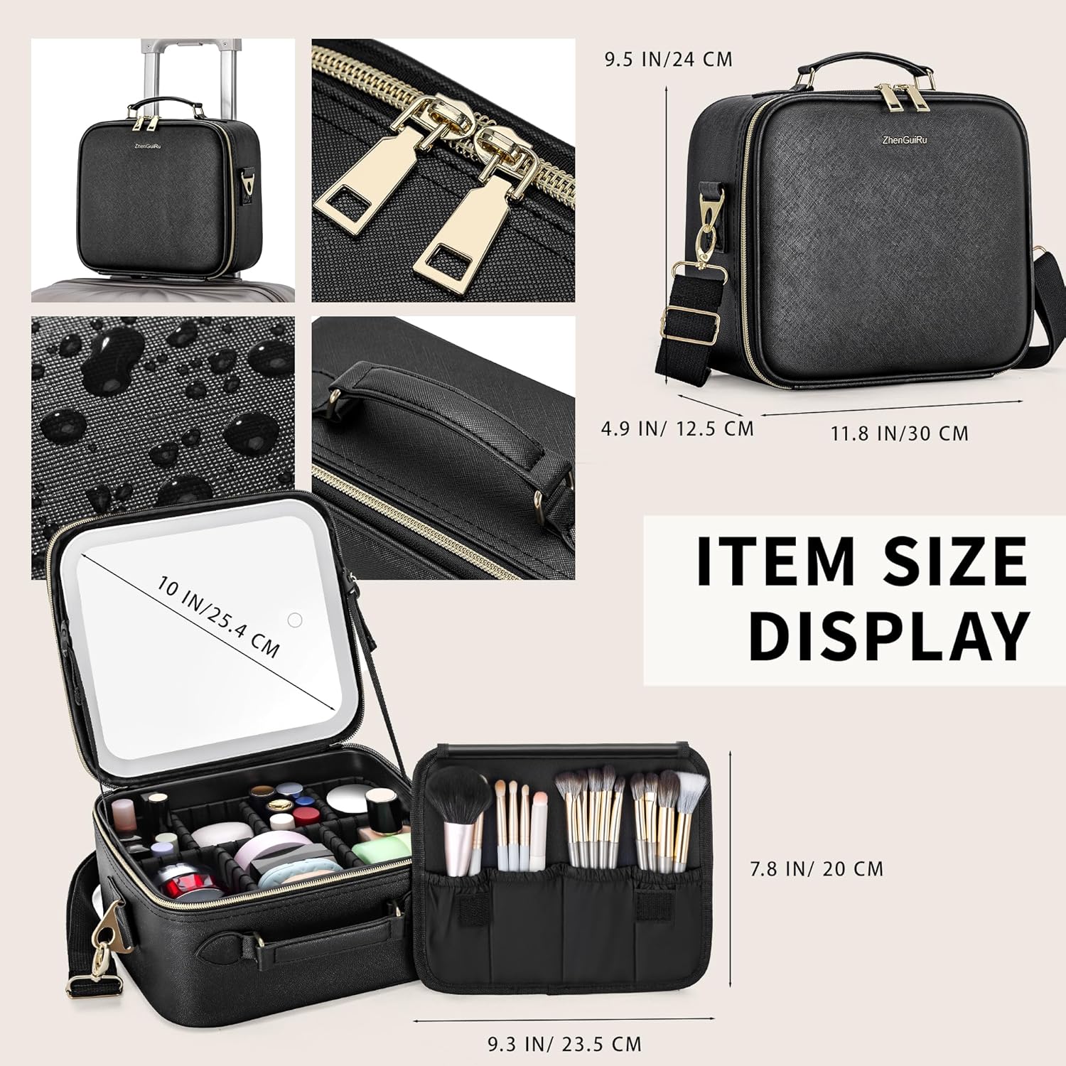 Travel Makeup Bag with LED Mirror, Portable Cosmetic Case Organizer with Lighted Mirror, Waterproof Makeup Case for Cosmetic Brush Holder Storage, Black Toiletry Bag for Women Gift