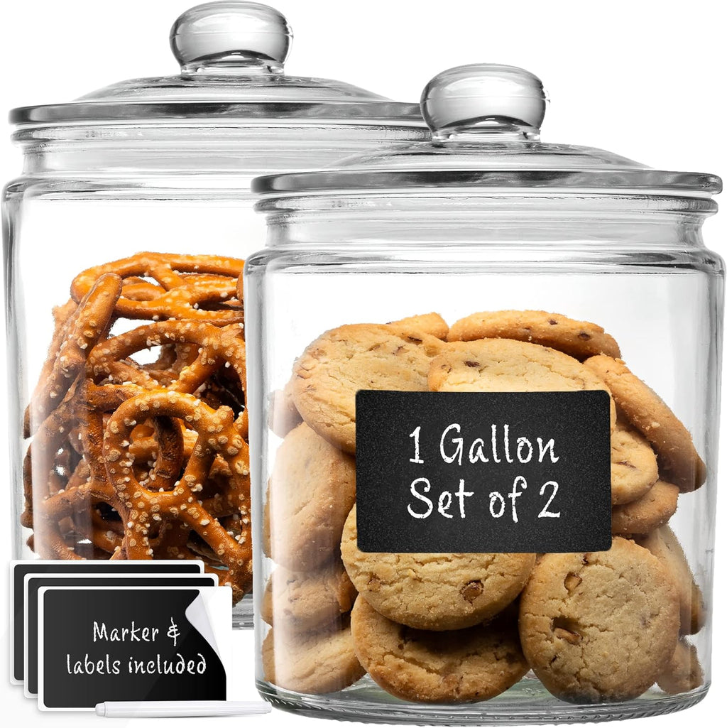1 Gallon Glass Cookie Jars + Labels & Marker - Set of 2 Canister Sets for Kitchen Counter with Airtight Lids, Sugar Packet Holders Food Storage Containers with Lids Airtight for Pantry, Flour, Sugar.