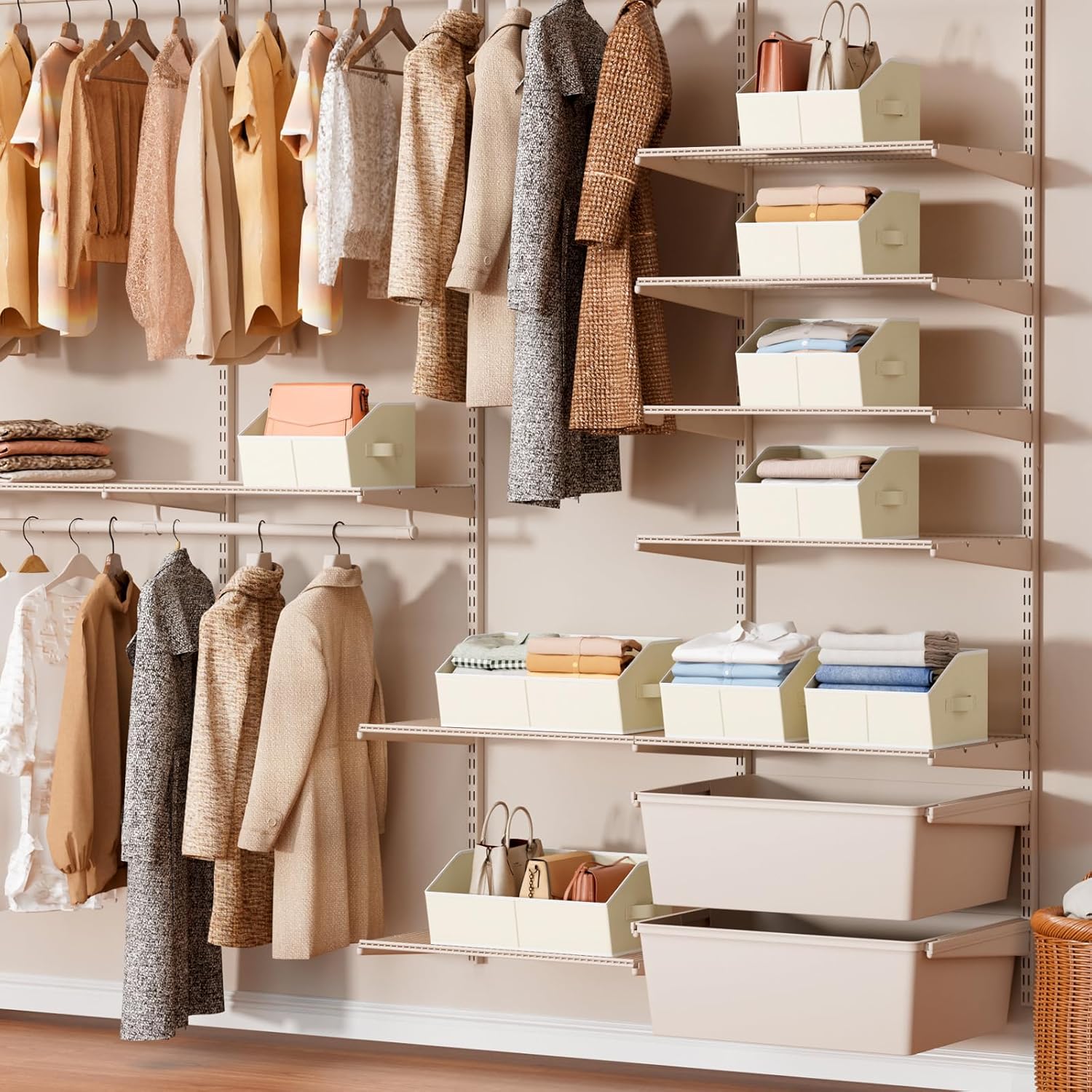 Trapezoid Closet Shelf Organizer - Large Baskets for Organizing, Fabric Storage Box for Shelves, Cube Storage Bins for Clothes, Books, Blankets, 3 Pack, Beige