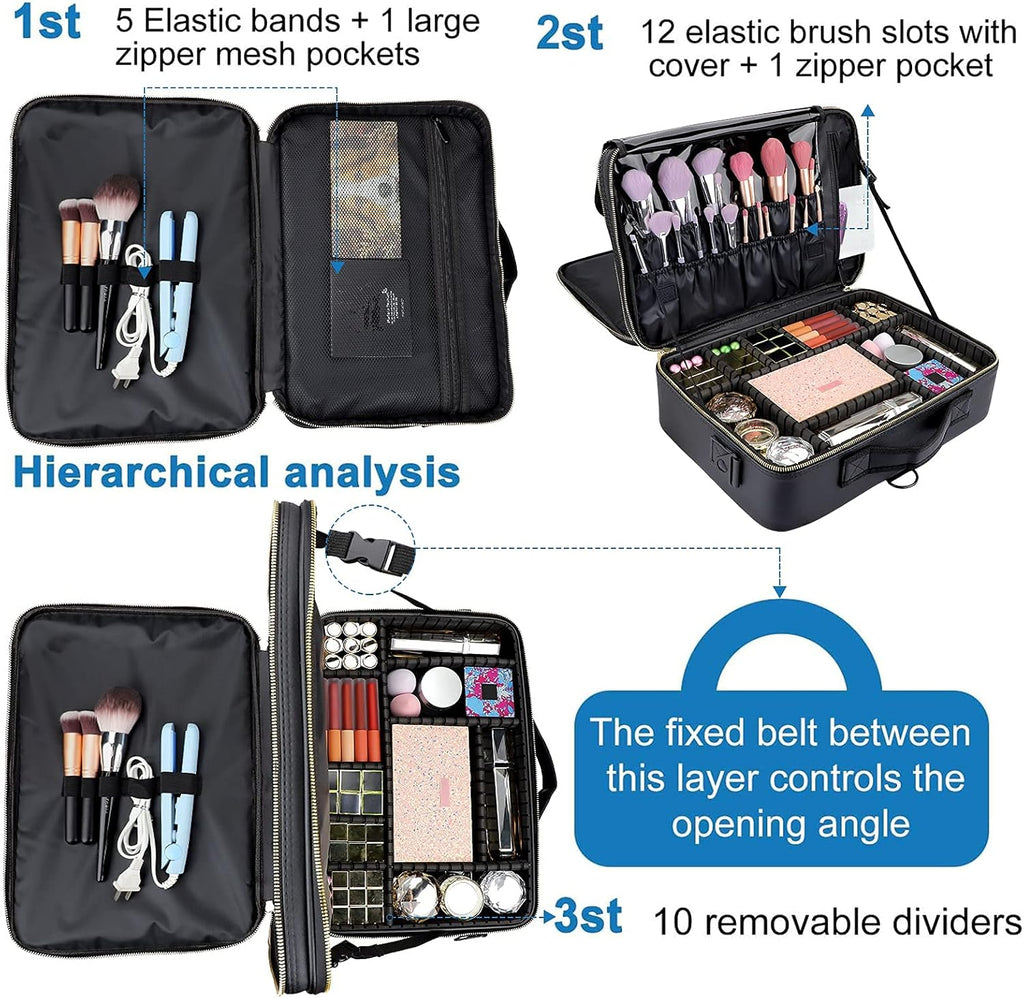 JOURMON Travel Makeup Train Case,Large Capacity Cosmetic Bags for Women,Portable Makeup Bag Organizer with Adjustable Dividers & Shoulder Strap(Black, L)