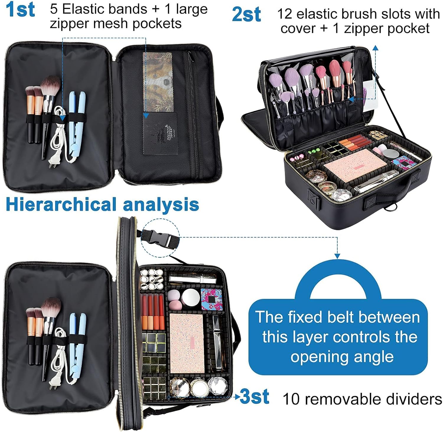 JOURMON Travel Makeup Train Case,Large Capacity Cosmetic Bags for Women,Portable Makeup Bag Organizer with Adjustable Dividers & Shoulder Strap(Black, L)