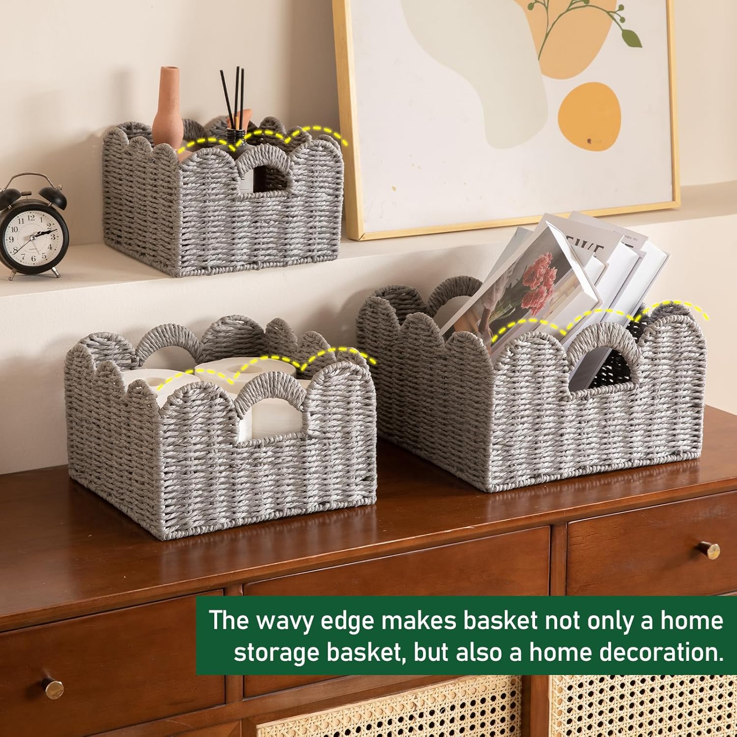 OIAHOMY Scalloped Wicker Baskets, Hand-woven Storage Baskets with Built-in Handles, Paper Rope Shelf Baskets for Organizing and Decoration, Set of 3-Grey