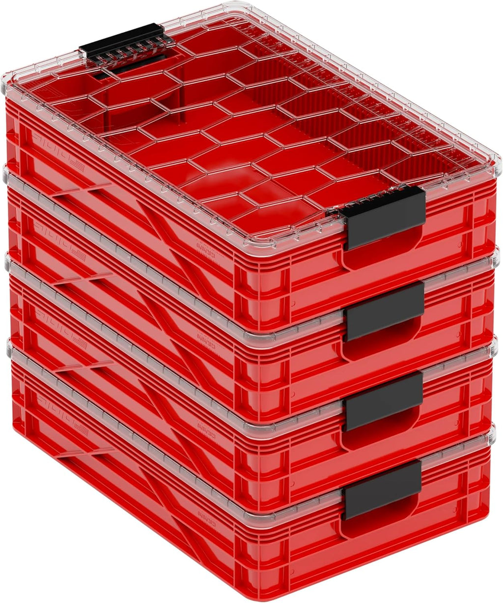 SIDIO Quarter Crate 4 Pack of Stackable Storage Bins - Organizer Bins with Dividers for Garage Organization, Home Storage - Heavy Duty Plastic Containers - 19.16” x 12.75”x 4.57” (Red)