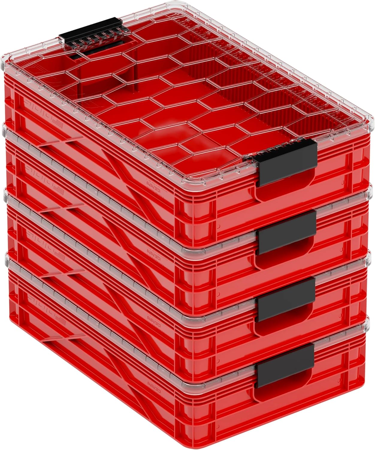 SIDIO Quarter Crate 4 Pack of Stackable Storage Bins - Organizer Bins with Dividers for Garage Organization, Home Storage - Heavy Duty Plastic Containers - 19.16” x 12.75”x 4.57” (Red)