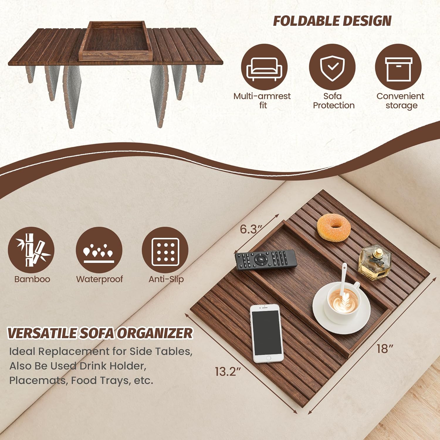 GEHE Bamboo Sofa Arm Tray, Foldable Couch Arm Tray Side Table, Anti-Falling Armrest Tables Cup Holder for Snacks, Drinks, Beers, Phone, Control, Flexible and Portable, Anti-Slip Bottom