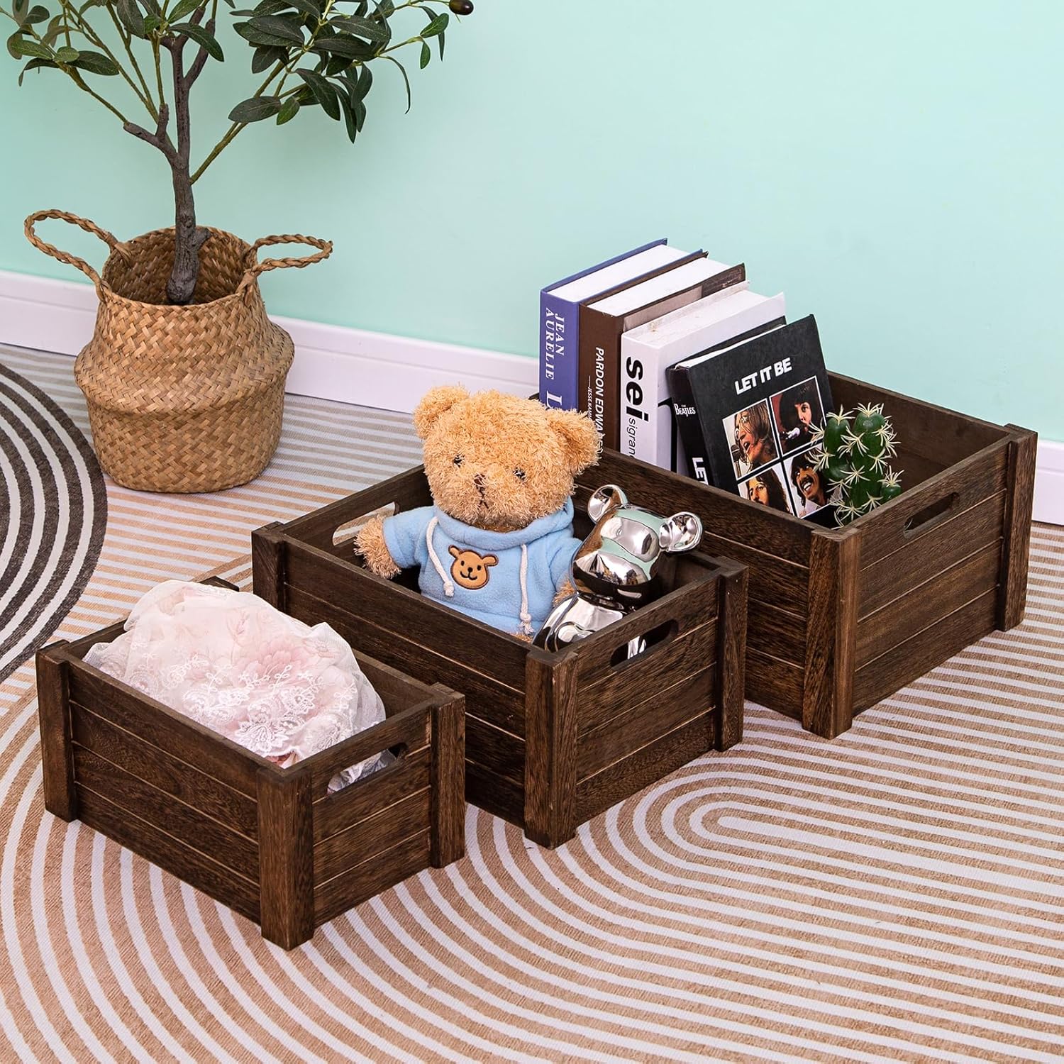 Large Vintage Brown Wooden Crates For Storage,Nesting Handmade Solid Wood Vintage Black Wood Storage Boxes.Storage Crates For Organizing.