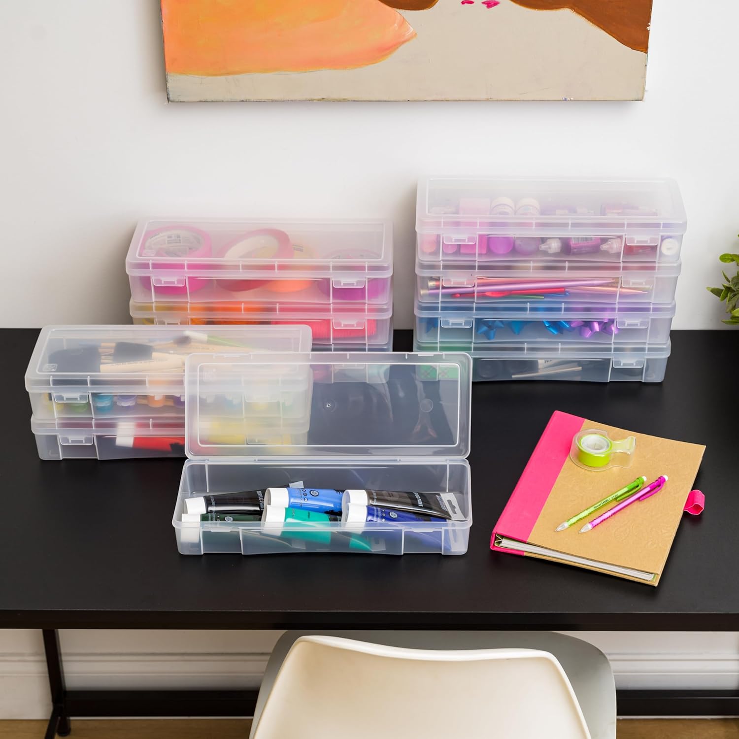 IRIS USA Pencil Case Box Storage Container for Organizing with Snap Lid, 10-Pack, Big Capacity Stackable Plastic Pen Pouch for Craft Hobby Art Supplies Journaling Stationery Sticker, Clear, Large