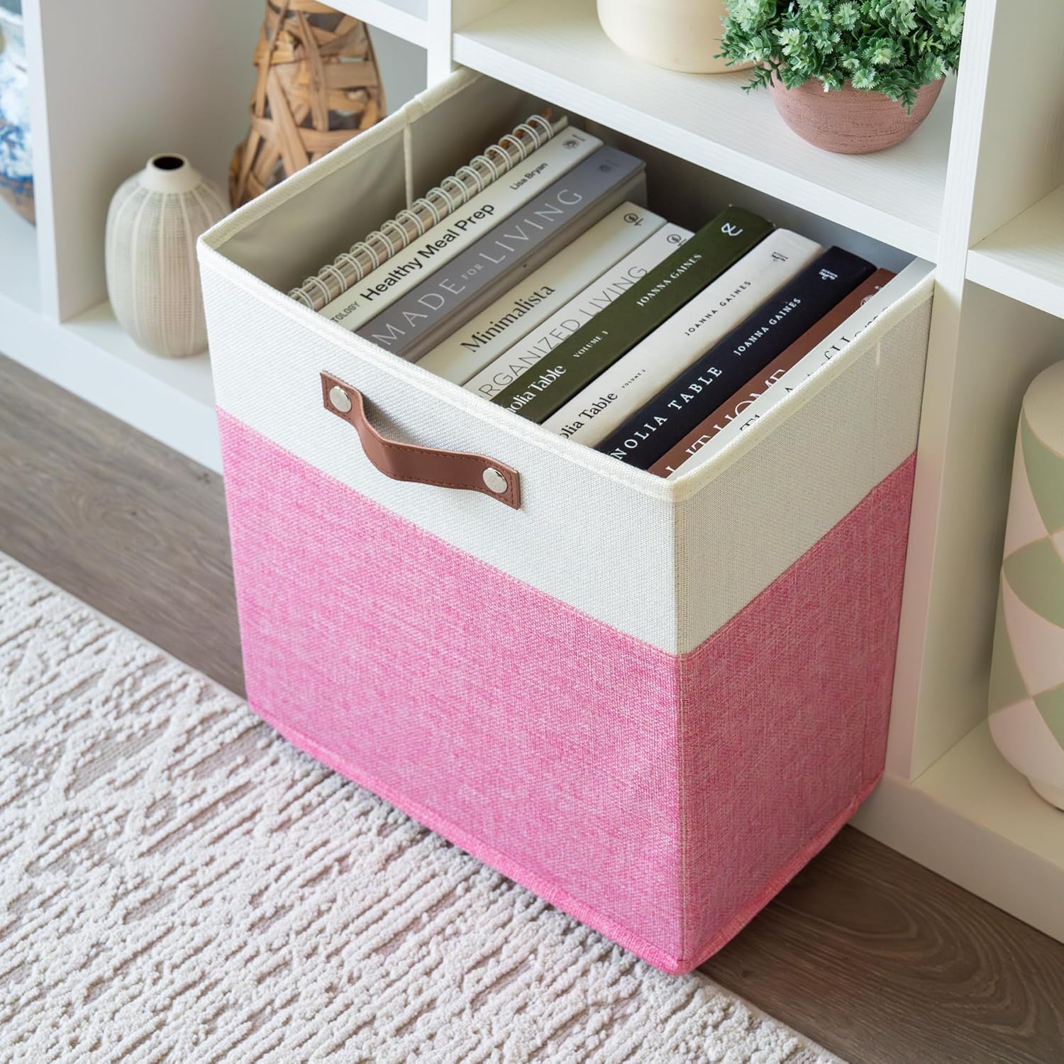 OrganiHaus 13" x 13" x 13" Cube Fabric Storage Bins Set of 4, Fabric Storage Cubes w/ Vegan Handles, 13 inch Collapsible Bins for Clothes & Toy Organizer, 13x13 Basket for Decor - Pink/White